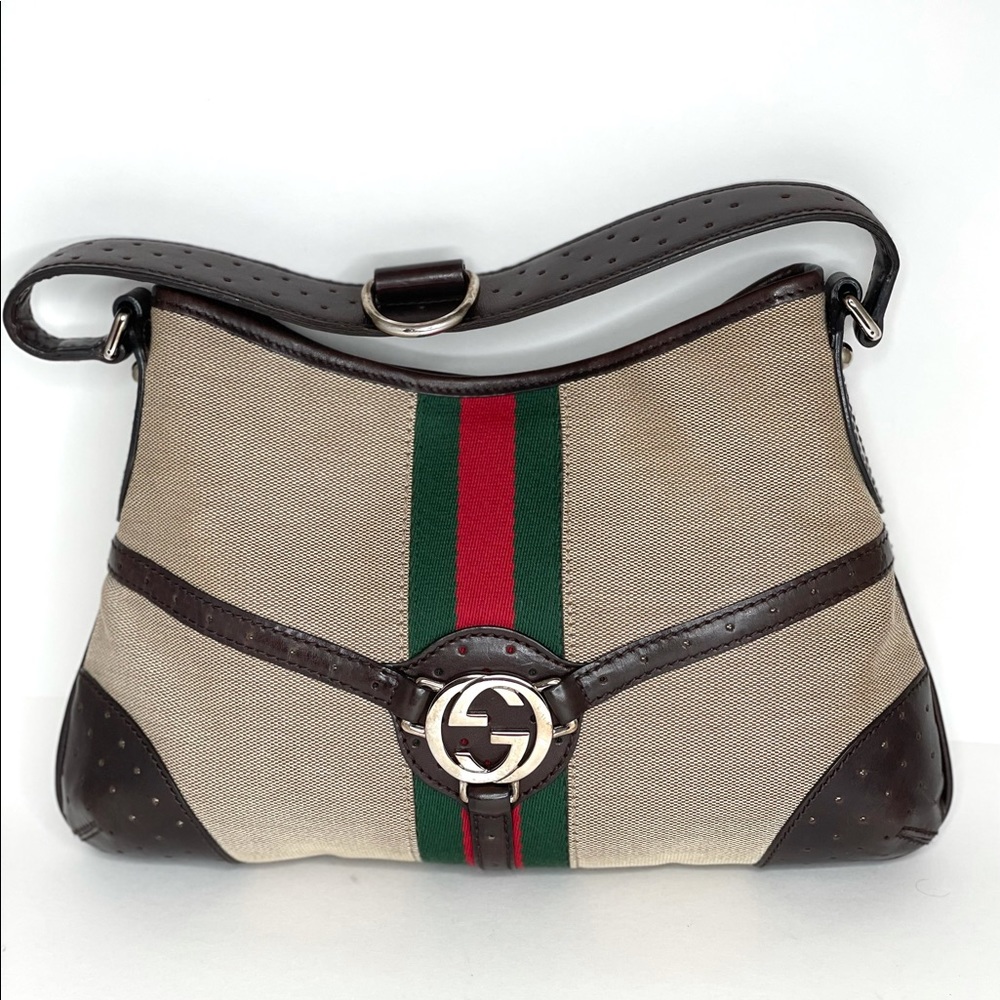 Gucci Beige and Brown Shoulder Bag with Green and Red Stripe